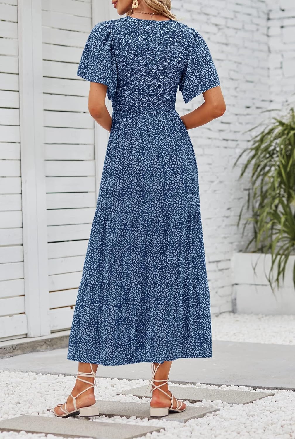 ZESICA Women's Summer Boho Floral Smocked Short Sleeve Maxi Dress | Tiered, Flowy, Elastic Waist, 2026 Casual Wedding Guest Date Holiday Beach Vacation Long Dresses