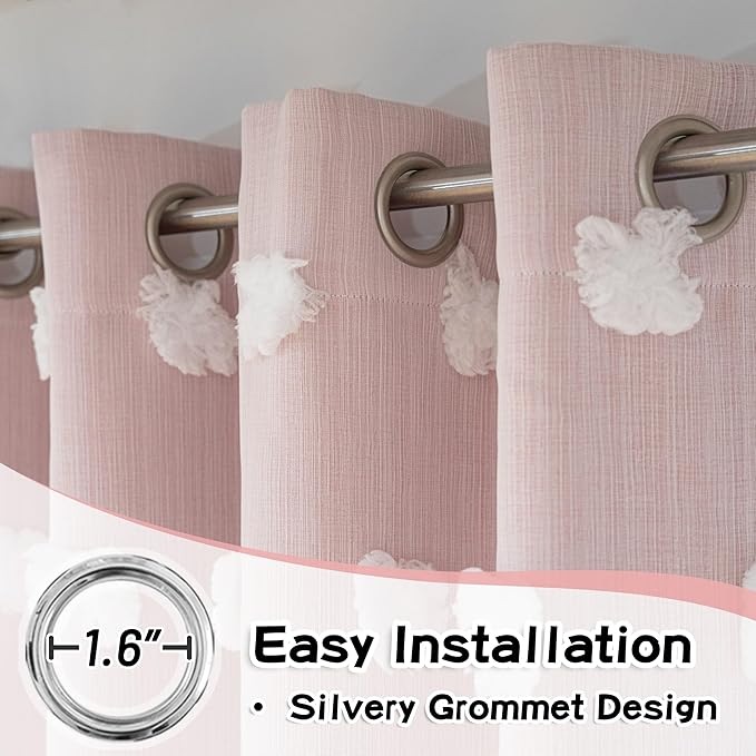 Mysky Home Double layer curtains, living room, nursery, bedroom, translucent, white pompoms, dining room, window panels, room darkening, 52 x 84 inches, pink