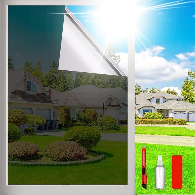 One Way Privacy Window Film Sun Blocking, Heat Blocking Window Tint for Home See Out But Not in, Static Cling Anti UV, Black-Silver,23.6 Inch x 78.74 Inch