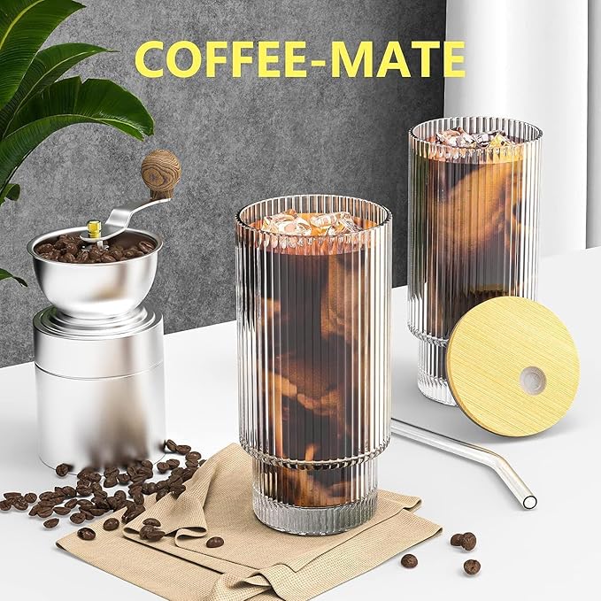 16 oz glass cup with lid and straw, vintage ribbed glassware for whiskey, cocktail, beer, iced coffee cups with lid, glass cup with straw and lid (pack of 1)