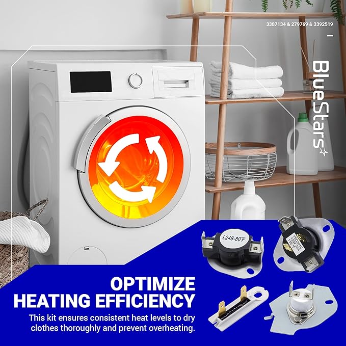 BlueStars 279769 Dryer Thermal Cut-Off Kit, 3387134 Thermostat and 3392519 Thermal Fuse - Compatible with Whirlpool Kenmore Maytag Dryers - Replaces 3977394 3390291 PS345113 AP6008325