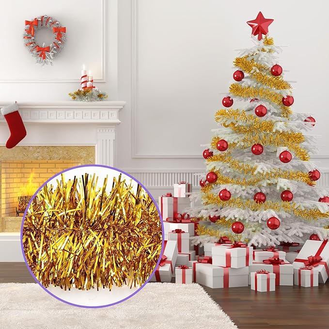 50 Feet Gold Tinsel Garland Christmas Foil Tinsel Garland Decoration Metallic Banner Wall Hanging Tinsel Streamers Garland for Christmas Tree Birthday Party Decorations (3.54" x 50', Gold)