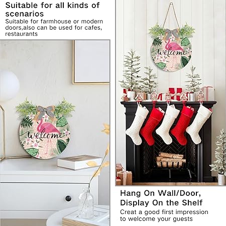 xigua Tropical Pink Flamingo Welcome Sign Front Door Decor, Outdoor Hanging Porch Wreath Interchangeable Seasonal Icons for Farmhouse Wall Home Holida