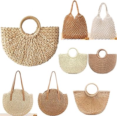 Vintage Straw Bag Round Rattan Bags Handmade Woven Beach Ladies Circle Shoulder Bag Style 4-Small