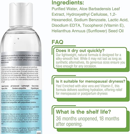 Waterbased Lube 8.3 Fl Oz. Personal Lubricant w/Aloe & Vitamin E, Hypoallergenic, Free of Paraben&Glycerin&PEGs, PH-Balanced, Natural Smooth Slippery Glide Gel for Couples, Men, Women