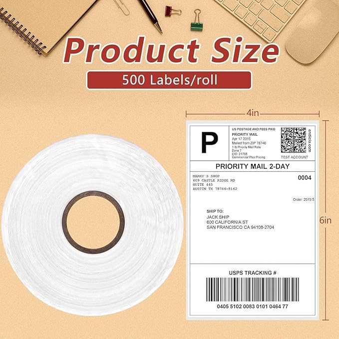 4" x 6" Thermal Direct Shipping Label, Pack of 500 Per Roll Labels - Perforated and Strong Adhesive (Commercial Grade) (Roll 500 Labels)