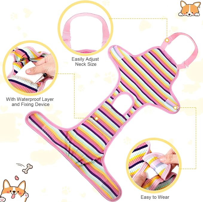 Nuanchu 3 Pcs Female Dog Diaper Sanitary Panties with Adjustable Suspender, Washable Reusable Doggie Diapers for Small Medium Large Dog in Heat Period Menstrual Pet Cats Ducks(Rainbow Pattern,XL)