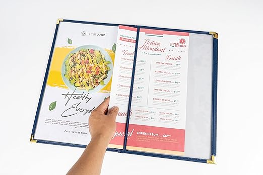 Menu Covers, Triple Page, 3 Pockets, 6 View, for 8.5" x 14" Legal Size Paper, Pack of 6, Blue Edging Gold Metal Corner, Made with Leatherette Vinyl