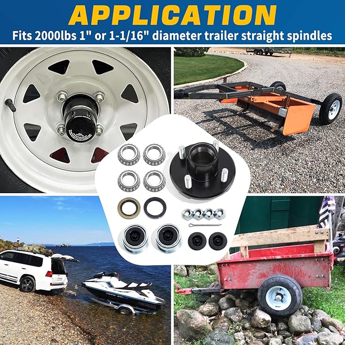 Set 4 on 4'' Trailer Hub Kit for 2000 lbs 1" or 1-1/16" Trailer Straight Axle, 4x4'' Trailer Idler Hub Kit 4 Bolt, Fits 1" and 1-1/16" Spindle, Trailer Hub Kit with Extra Cap & Rubber Plug