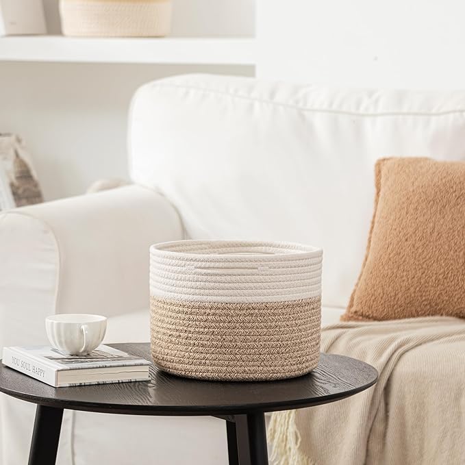 UBBCARE 2 Pack Small Basket for Organizing, Round Woven Basket With Handles, Small Storage Basket for decor, Beige Brown Cotton Rope Basket (9.5" x 9.5" x 7.1")