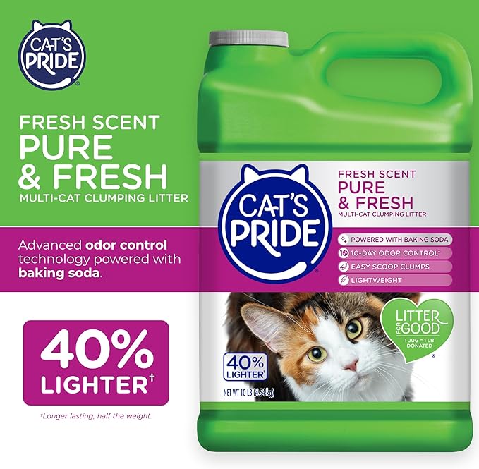 Cat's Pride Premium Lightweight Clumping Litter: Pure & Fresh - Up to 10 Days of Powerful Odor Control - Multi-Cat, Scented, 10 Pounds