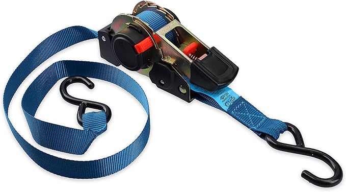 FSKCOS002 Tie Down Strap with Ratchet, Reinforced Steel Hooks and Automatic Pick Up System, Blue
