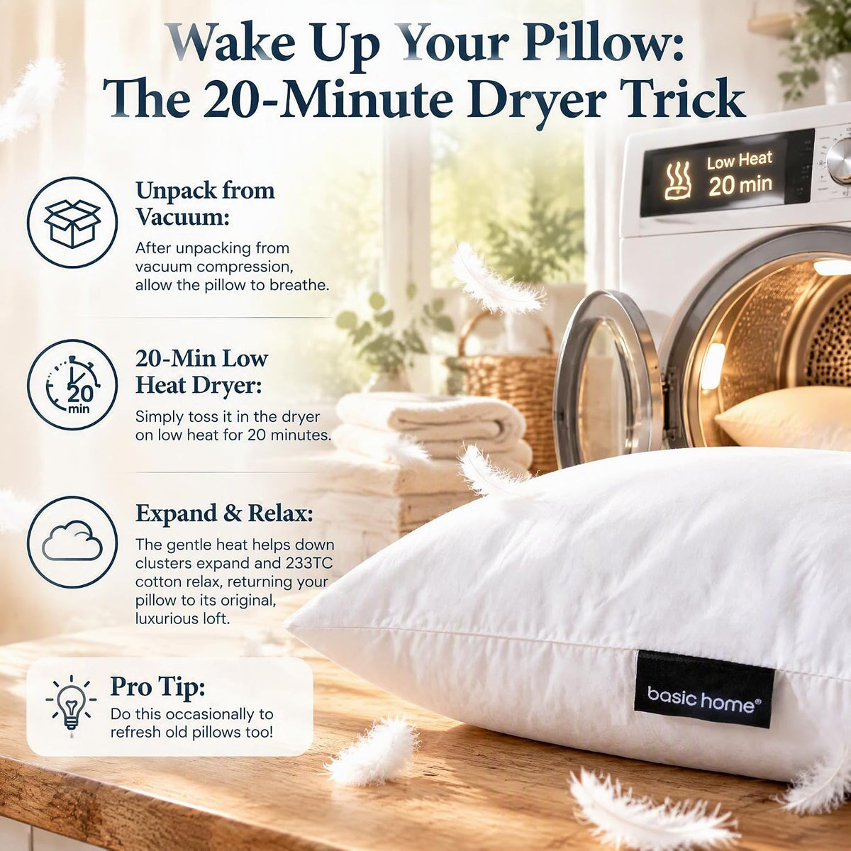 basic home® Hotel-Style Goose Feather Pillow Insert for Sofa & Bed - 100% Odorless & Plump Cushion Filler - 233TC Cotton with Inner Liner to Prevent Poking (22x22 Inch)