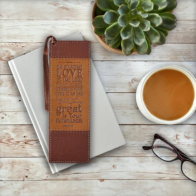 Christian Art Gifts Premium Vegan Leather Bookmark for Men: Steadfast Love - Lamentations 3:22-23 Inspirational Bible Verse, Heat-Debossed, Faith-Based Reading Accessory, Two-Tone Brown with Tassel