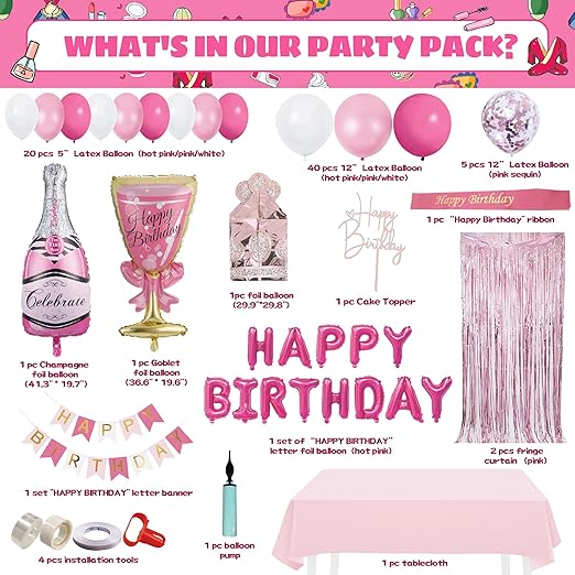 Party Spot! 103 pcs Pink Birthday Decorations, Pink Decorations for Party, Balloon Arch, Tablecloth, Banner, Fringe Curtain, Birthday Decoration for Women, Pink Party Decorations