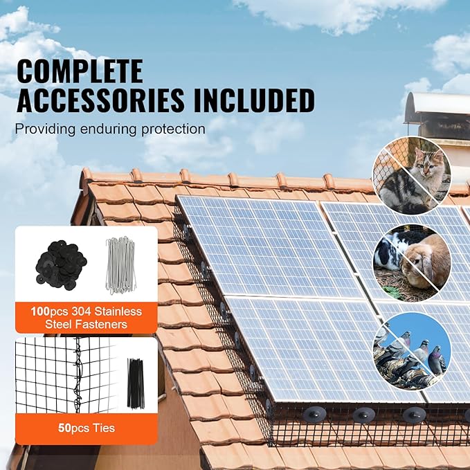 VEVOR 8in x 98ft Solar Panel Bird Guard, PVC Coated Wire Mesh Roll Kit with 100pcs Fasteners,Critter Fence,Pigeon Proofing, Black