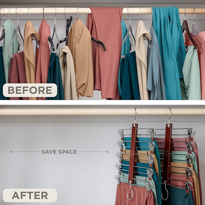 MORALVE Skirt Hangers Space Saving with Clips - 2 Pack - European Beechwood 5-Tier Hanger for Shorts, Skirts, and Pants - Closet Organizer and Storage Solution for Women with 360 Swivel Hook