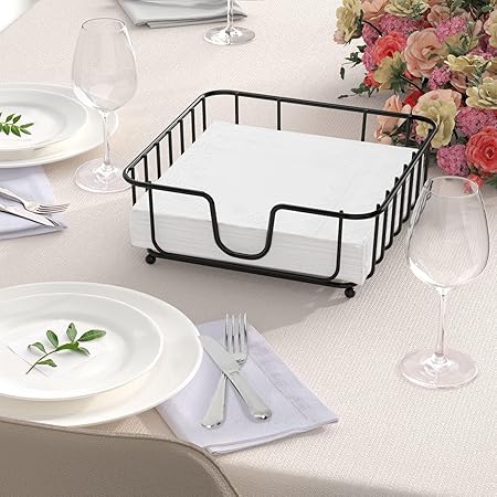 Napkin Holder for Table, Napkin Holders for Paper Napkins, Flat Metal Black Napkin Holders for Kitchen Dining Table, 6.9" x 6.9" x 2.2" Inside Size (Black)