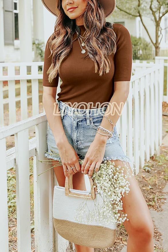 LIYOHON Womens Tops Dressy Casual Mock Turtleneck Business Short Sleeve T Shirts Going Out Tops 2025
