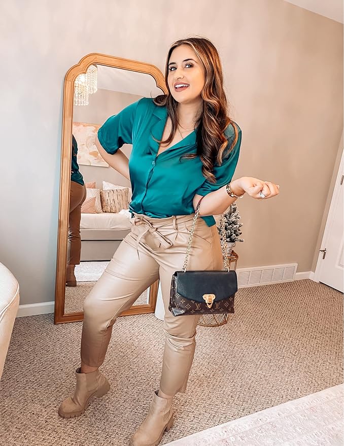 Chigant Women's Short Sleeve Satin Blouse Button Down Tops Casual Office Work Shirt S-XXL