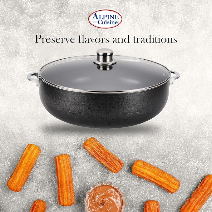Alpine Cuisine 7 Quart Nonstick Cauldron with Glass Lid Multipurpose Aluminum Dutch Oven for Stewing - Boiling - Stewing Non-stick Coating with Black Finish