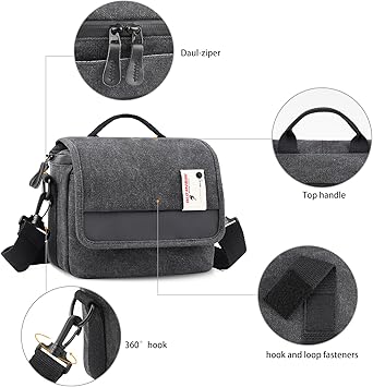 Besnfoto Camera Bag Purse Small Messenger Shoulder Bag for Mirrorless DSLR Camera Waterproof Canvas Compact Photography Case, Black Gray