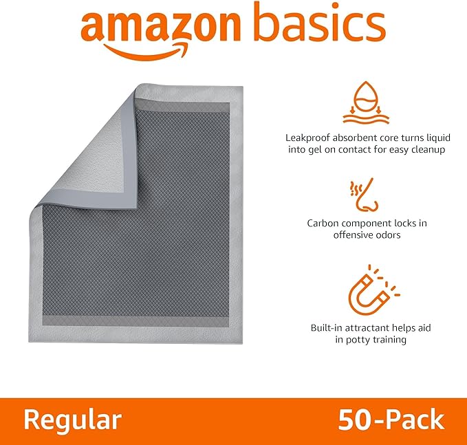 Basics Dog and Puppy Pee Pads with 5-Layer Leak-Proof Design and Super Absorbent Surface for Potty Training, Odor-Control Carbon, XL Size, 28 x 34 Inch - Pack of 50, Gray