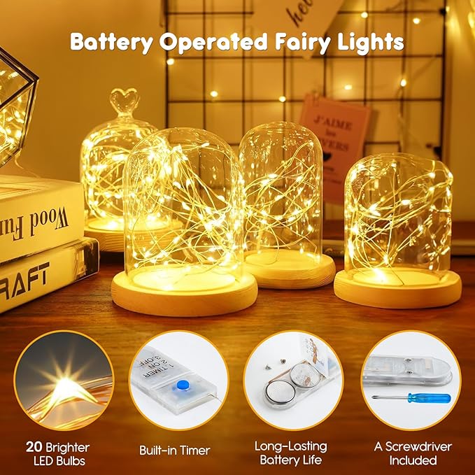 Minetom 6 Pack Fairy Lights Battery Operated String Lights with Timer - 7ft 20 LED Waterproof Silver Wire Firefly Lights Waterproof for DIY Crafts Wedding Decor Table Centerpieces Mason Jars Party
