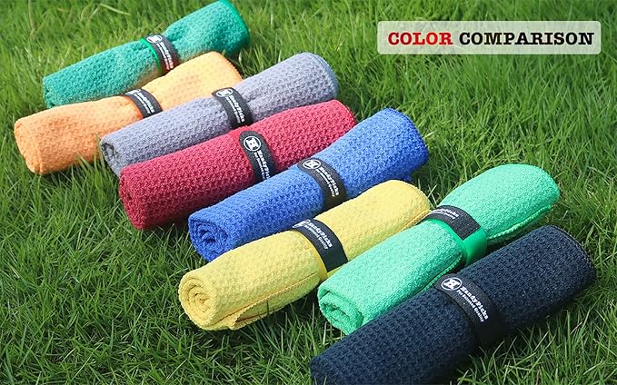 Handy Picks Microfiber Golf Towel (16" X 16") with Carabiner Clip, Waffle Pattern Hook and Loop Fastener - The Convenient Golf Cleaning Towel BlackGreyRed