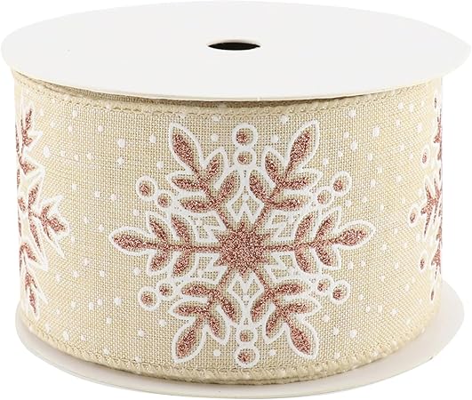 Christmas Rose Gold Snowflake Ribbon Wired 2.5" x 10 Yard Burlap Wired Christmas Ribbon for Tree Decoration, Natural Burlap Christmas Ribbon for Wreaths, Crafts, Home Decor, Gift Wrapping