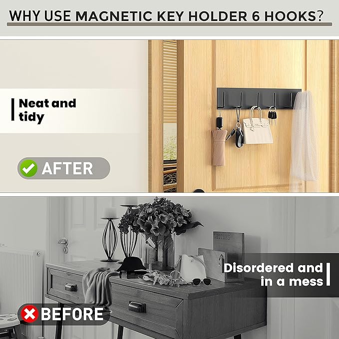 Magnetic Key Holder for Wall, Magnetic Key Hook with 6 Hooks for Metal Entrance Door, Refrigerator,Kitchen, Magnetic Key Hanger, Magnetic Key Rack for Hanging Keys, Towels and Kitchen Utensils