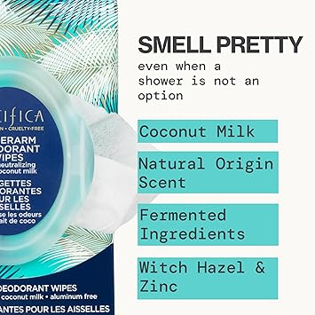 Pacifica Deodorant Wipes - Coconut Milk Underarm Full Body Deodorant Wipes - Removes Sweat Oil - Aluminum-Free - Natural Feminine Odor Control Clean Vegan Cruelty-Free Dermatologist Tested