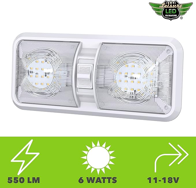 Leisure LED RV LED Ceiling Double Dome Light Fixture with ONOFF Switch Interior Lighting for CarRVTrailerCamperBoat DC 12V Natural White 4000-4500K 48X2835SMD Natural White 4000-4500K, (1 Pack)