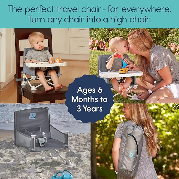 hiccapop OmniBoost Travel Booster Seat with Tray for Baby, Dining Table, Camping, Beach, Grandmas Folding Portable Tip-Free Design Straps to Kitchen Chairs