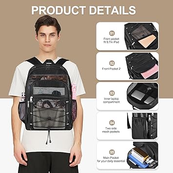 Heavy Duty Mesh Backpacks for Adults, Mesh School Bags for Boys and Girls, See Through School Bags with Adjustable Straps for Swimming, Fitness, Sports, Carry Portable Oxygen Concentrators
