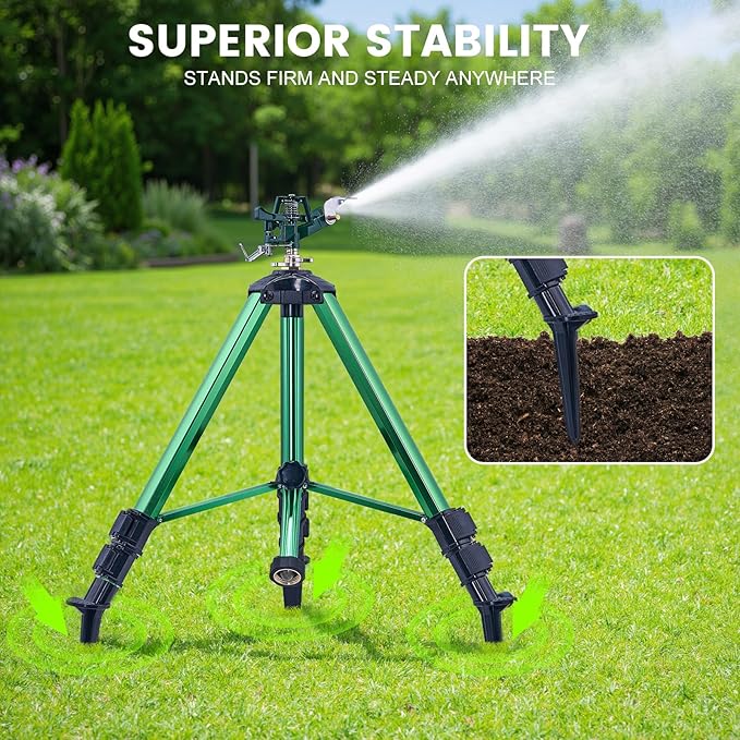 Sprinklers for Yard, 2025 Heavy-Duty Lawn Sprinkler Impact Sprinkler on Spike Tripod Base with 360 Large Area Irrigation with Extension Legs to Adjust Height Irrigation System for Garden Lawn
