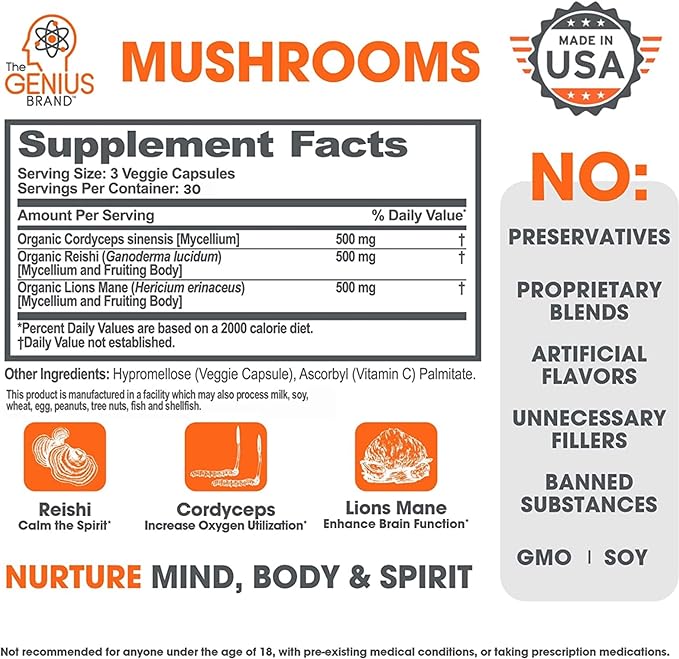 Genius Mushroom Supplement - Full-Spectrum Lions Mane, Cordyceps, Reishi -Daily Brain Nootropic for Energy, Focus, Memory Overall Wellness - 90 Capsules Organic for Mental Clarity Performance
