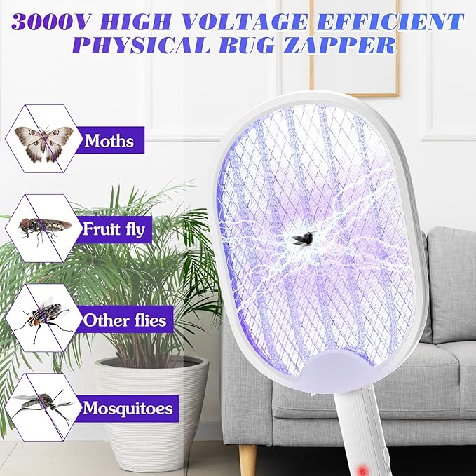Qualirey Pack of 2 3 in 1 electric fly swatters, foldable, 3000 V, hand mosquito killer with USB rechargeable base, fly swatter and mosquito trap, indoor pendant lamp and