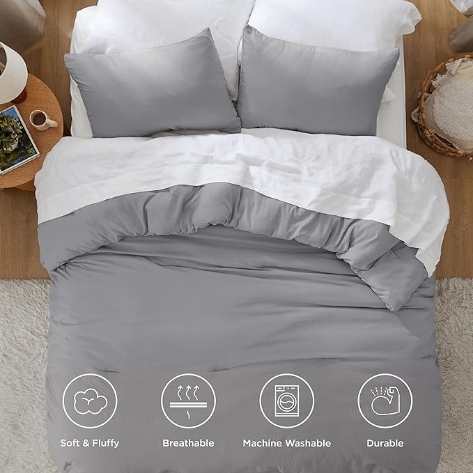 Bedsure Queen Size Comforter Set, Grey Soft Prewashed Bedding for All Seasons, 3 Pieces GentleSoftN Warm Down Alternative Bed Set, 1 Lightweight Comforter (90"x90") and 2 Pillowcases (20"x26")