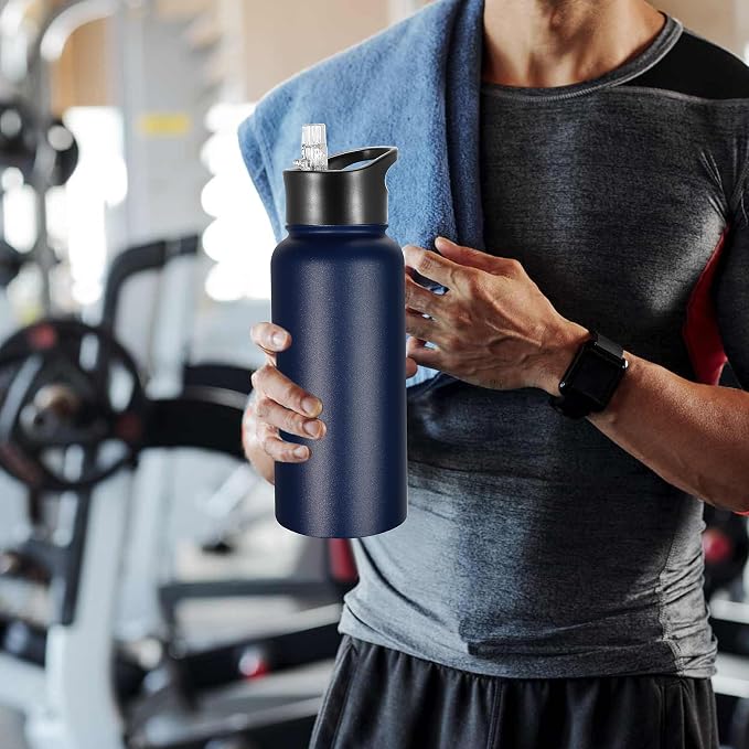 32 oz Insulated Water Bottle Stainless Steel Metal Water Bottles with Leak Proof Straw Lid & Spout Lid, Wide Mouth Double Walled Vacuum Travel Sports Bottle, Navy Blue