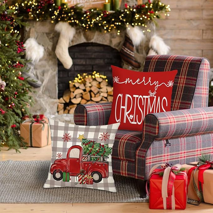 Dixutzi Christmas Pillow Covers 18x18 Set of 4, Red Tree Truck Snowflake Merry Christmas Hello Winter Holiday Farmhouse Xmas Decorative Throw Pillows Cushion Case for Sofa Couch Home Decor