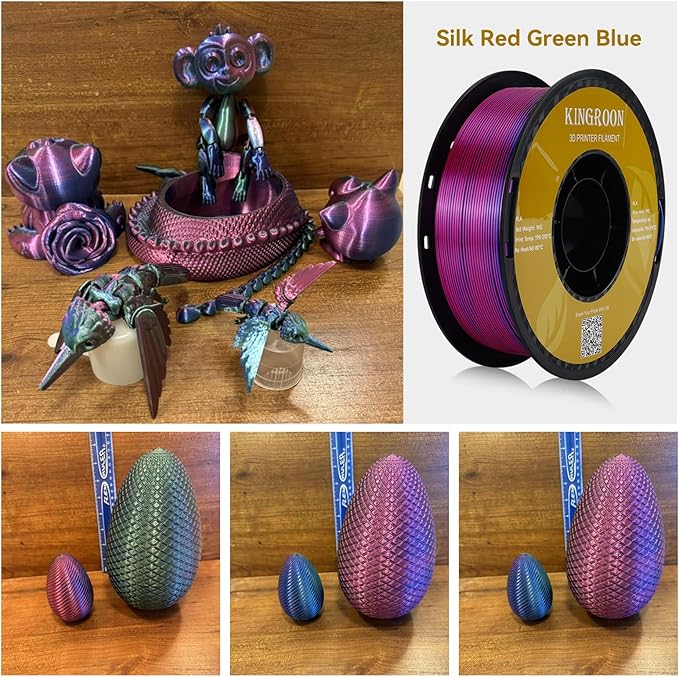 Kingroon PLA 3D Printer Filament, Triple Color Silk PLA Filament, Dimensional Accuracy +/- 0.03 mm, 1 kg Spool(2.2lbs), 1.75 mm, Red Blue Green