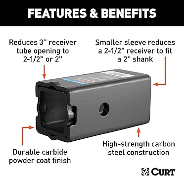 CURT 45408 Trailer Hitch Receiver Adapter Reducer Sleeve Set, 3 to 2-12 or 2-Inch, 2-Piece, Black