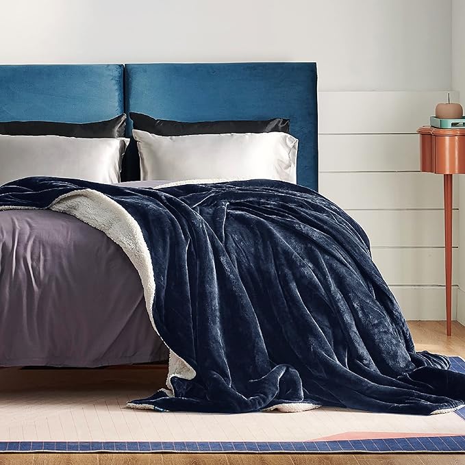 Bedsure Sherpa Fleece Blankets Queen Size for Bed - Thick and Warm, Soft Fuzzy Plush Queen Blanket for Winter, Navy, 90x90 Inches