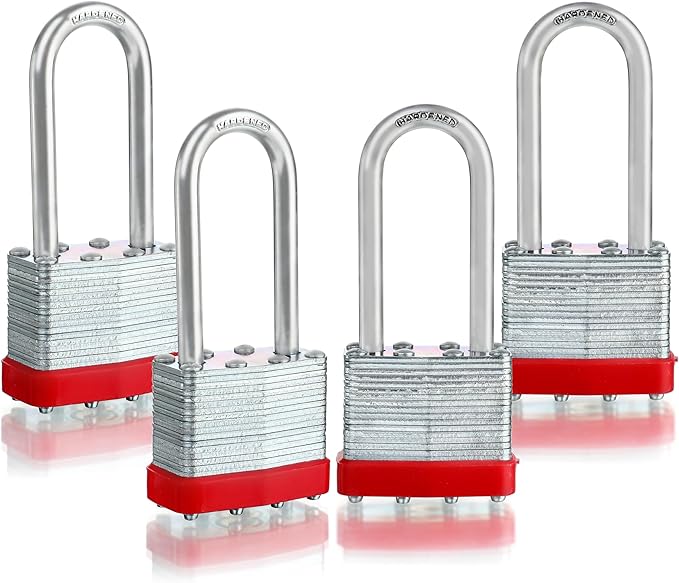 Pack of 4 Keyed-Alike Padlocks with Same Keys Long Shackle Hardened Steel Padlock with 8 Keys for Sheds Gates Fences Toolbox