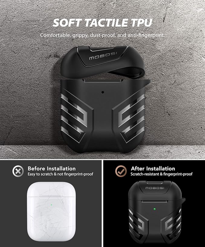 MOBOSI Military Cover Designed for AirPods 2 1, Full-Body Protective Vanguard Armor Series Case with Keychain, Wireless Charging Case, Black Front LED Visible