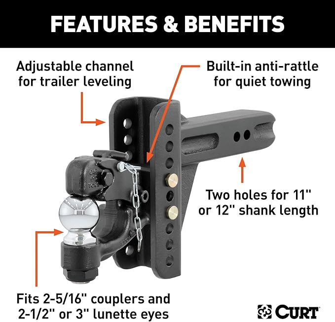 CURT 45908 Adjustable Pintle Hitch Combination, 2-12-Inch Receiver, 6-Inch Drop, 2-516-Inch Ball, 20,000 lbs