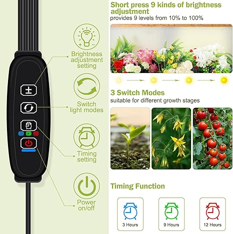4-Pack Plant Grow Light, Full Spectrum LED, 540 LEDs, 3 Modes, 9 Dimmable Levels, Auto OnOff Timer 3912H, Black, Aluminum