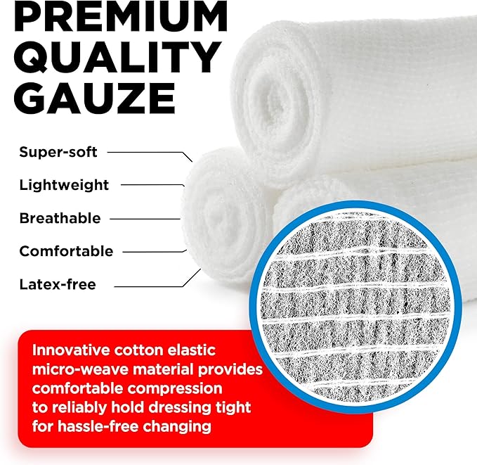 Gauze Rolls - 24 Pack - 4" x 4.1yd Breathable Rolled Gauze - Individually Wrapped with Bonus Tape - First Aid Conforming Stretch Wrap for Wounds
