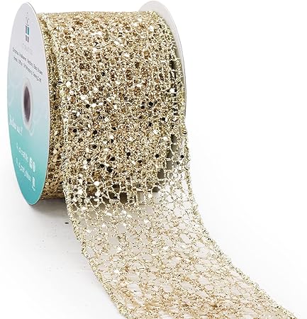 CT CRAFT LLC Sparkling Glitter Mesh Wired Ribbon 2.5" x 10 Yards Champagne Gold for Christmas Home Decor Bow Gift Wrapping DIY Crafts Wreath